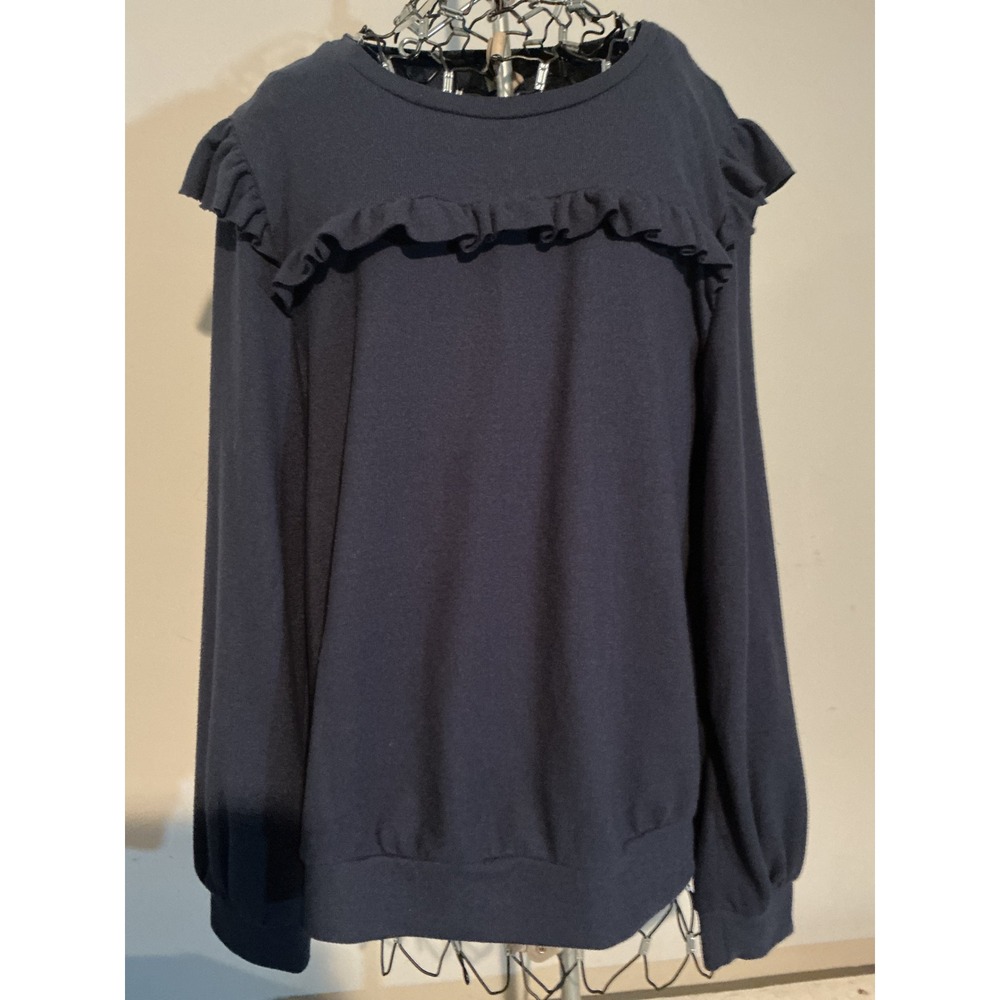 Cupio Womens XL Navy Blue Ruffle Trim Long Sleeve Pullover Knit Top Crew Neck